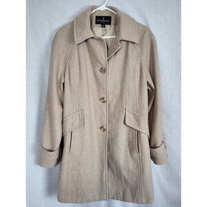 London Fog Wool Blend Coat 3-Button Women's L Fitted Style Tan Winter Peacoat